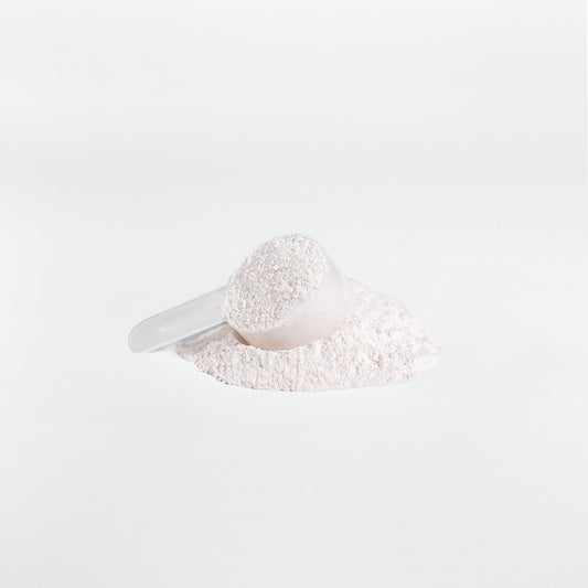 White scoop filled with white powder on a light gray background