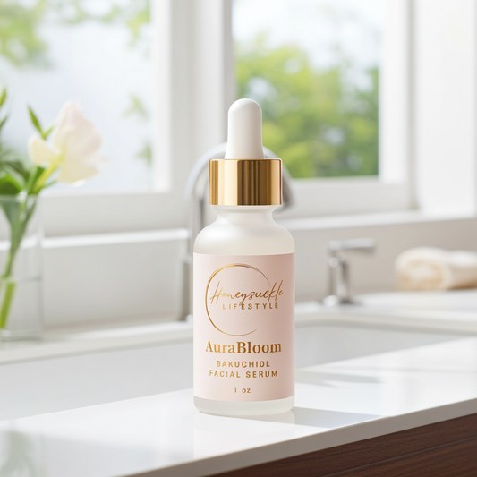 AuraBloom facial serum bottle on a bathroom counter with a window in the background