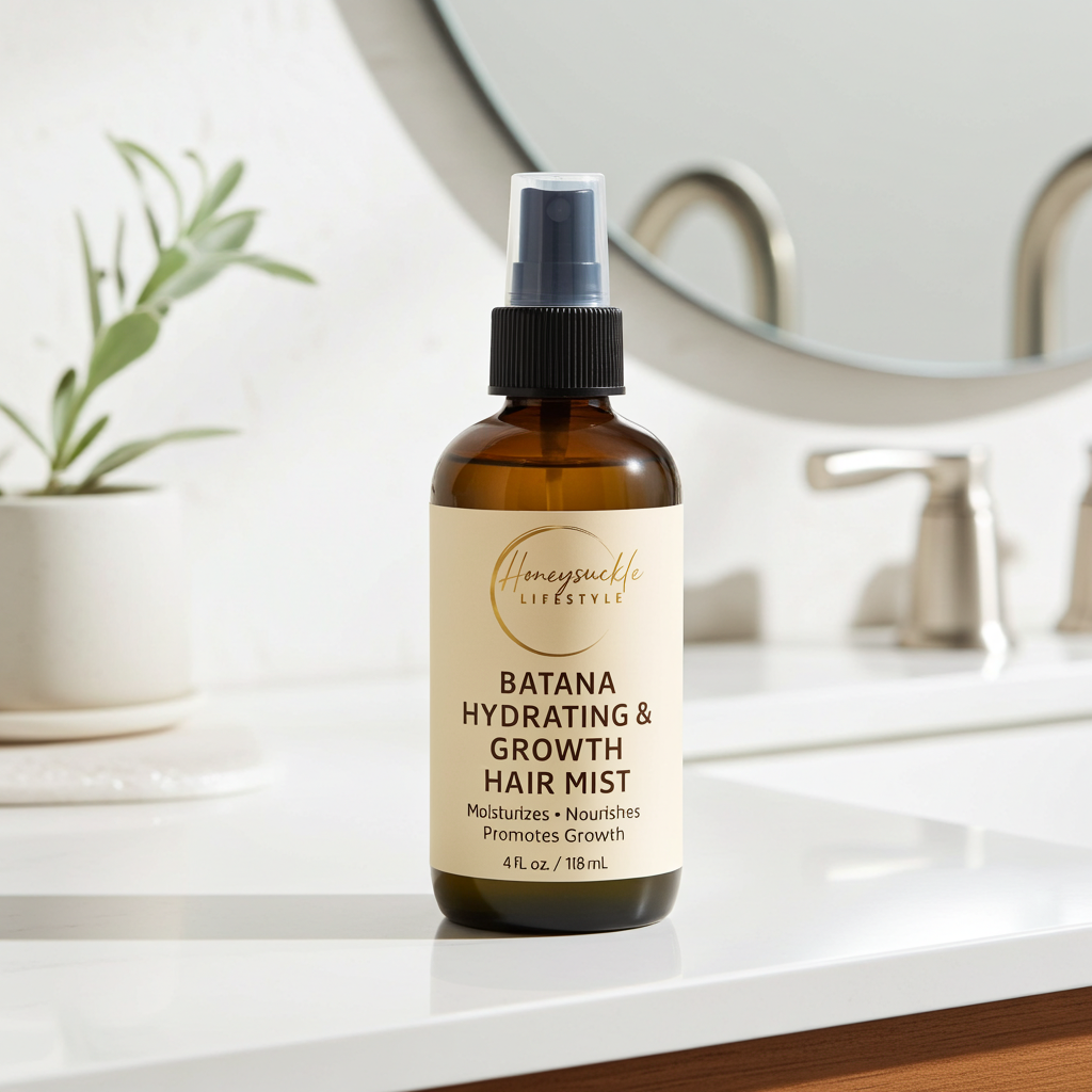 Batana Hydrating & Growth Hair Mist bottle on a bathroom counter with a mirror and plant in the background.