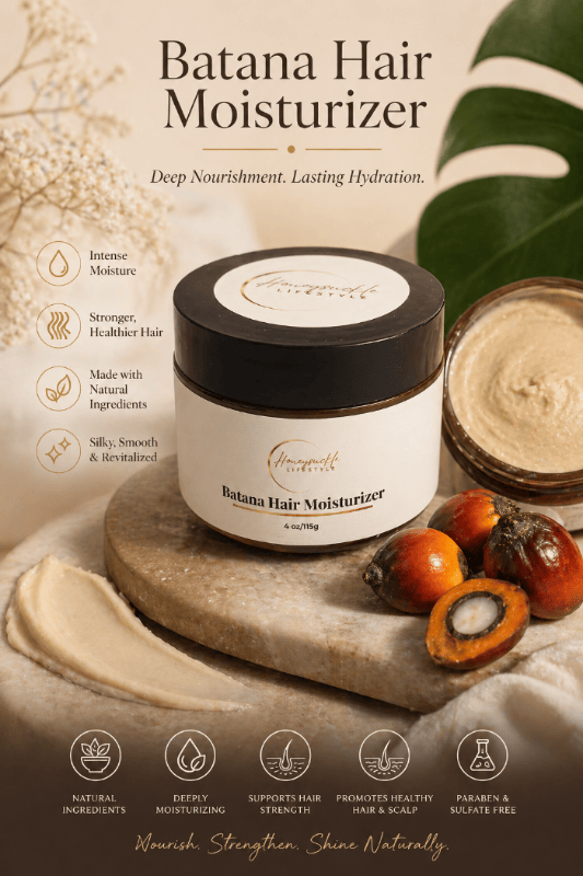 Batana Hair Moisturizer jar with ingredients on a neutral background