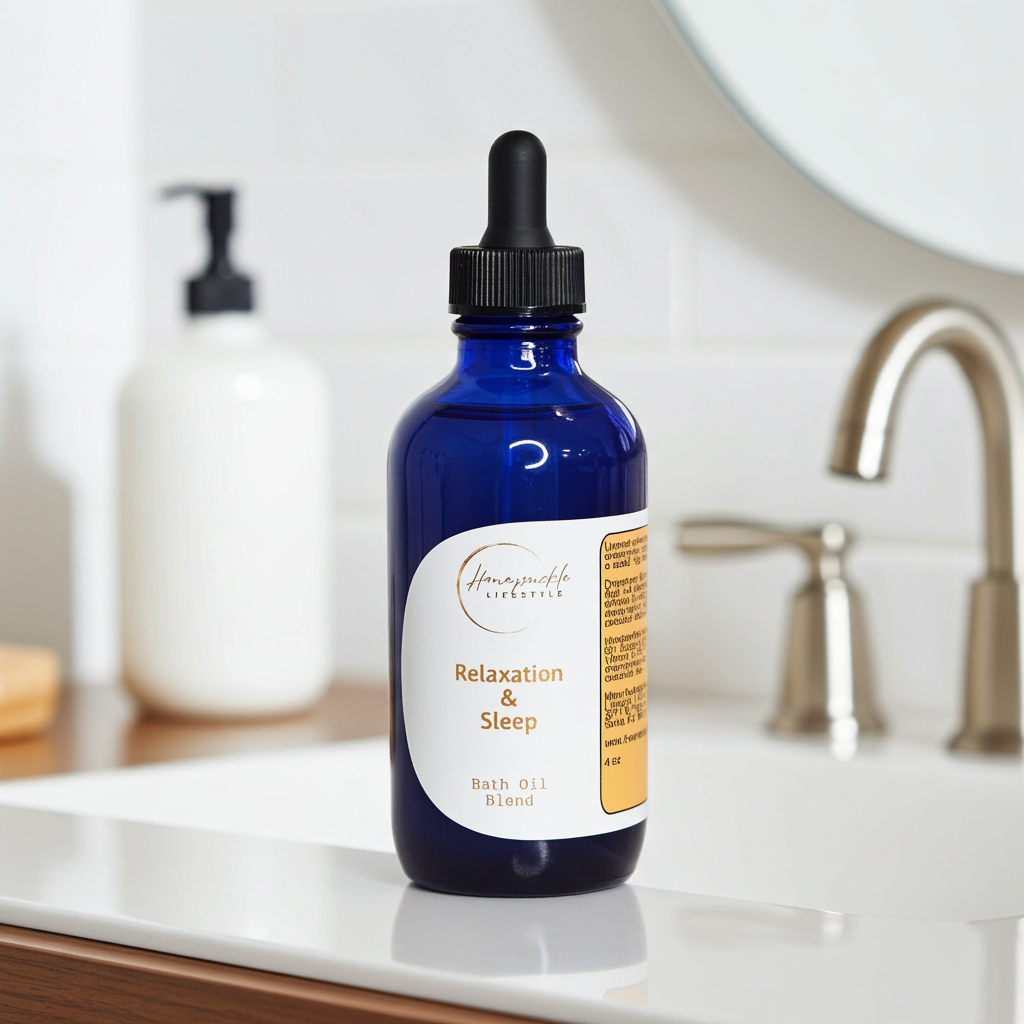 Blue bottle of 'Relaxation & Sleep' bath oil blend on a bathroom counter.