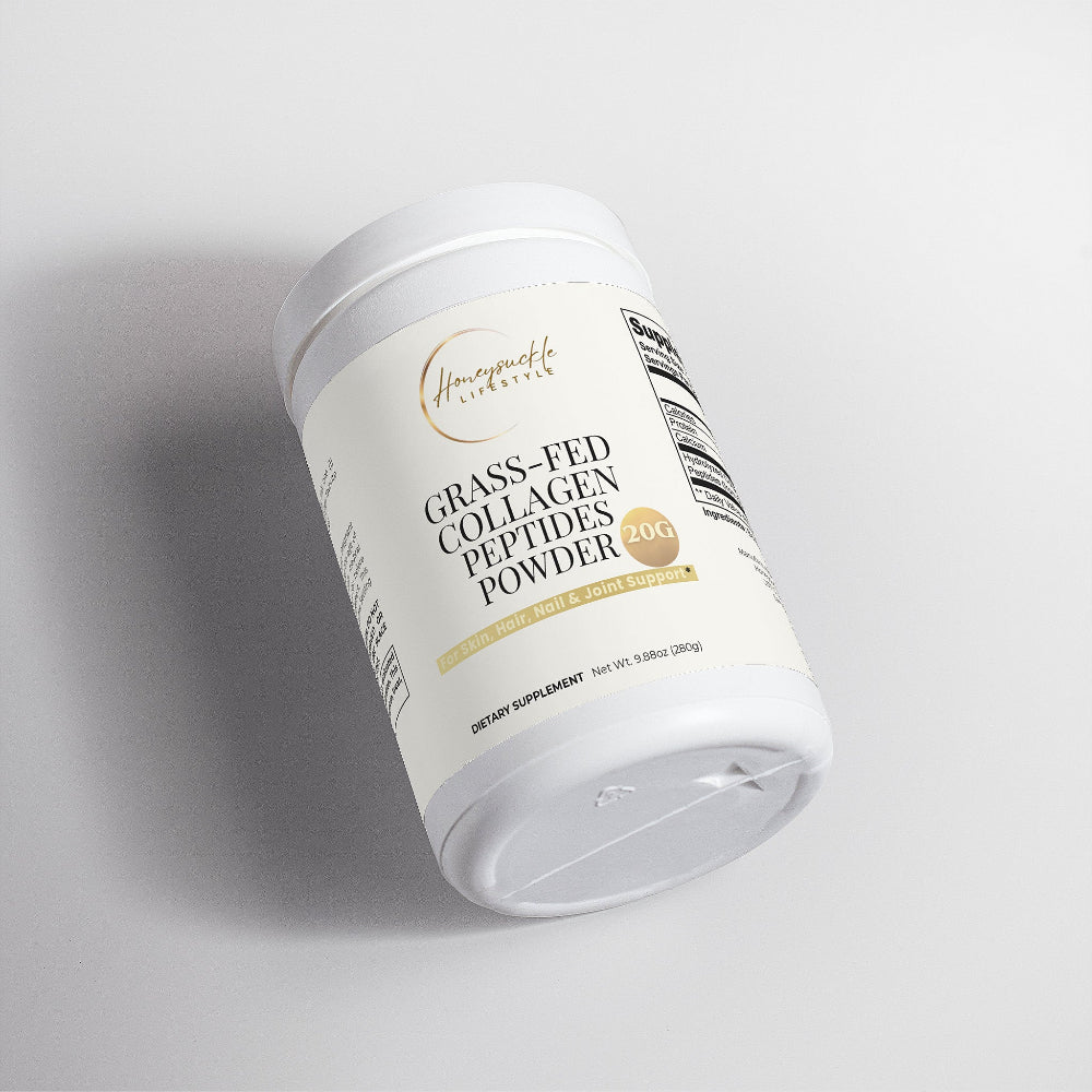 Container of grass-fed collagen peptides powder on a light gray background