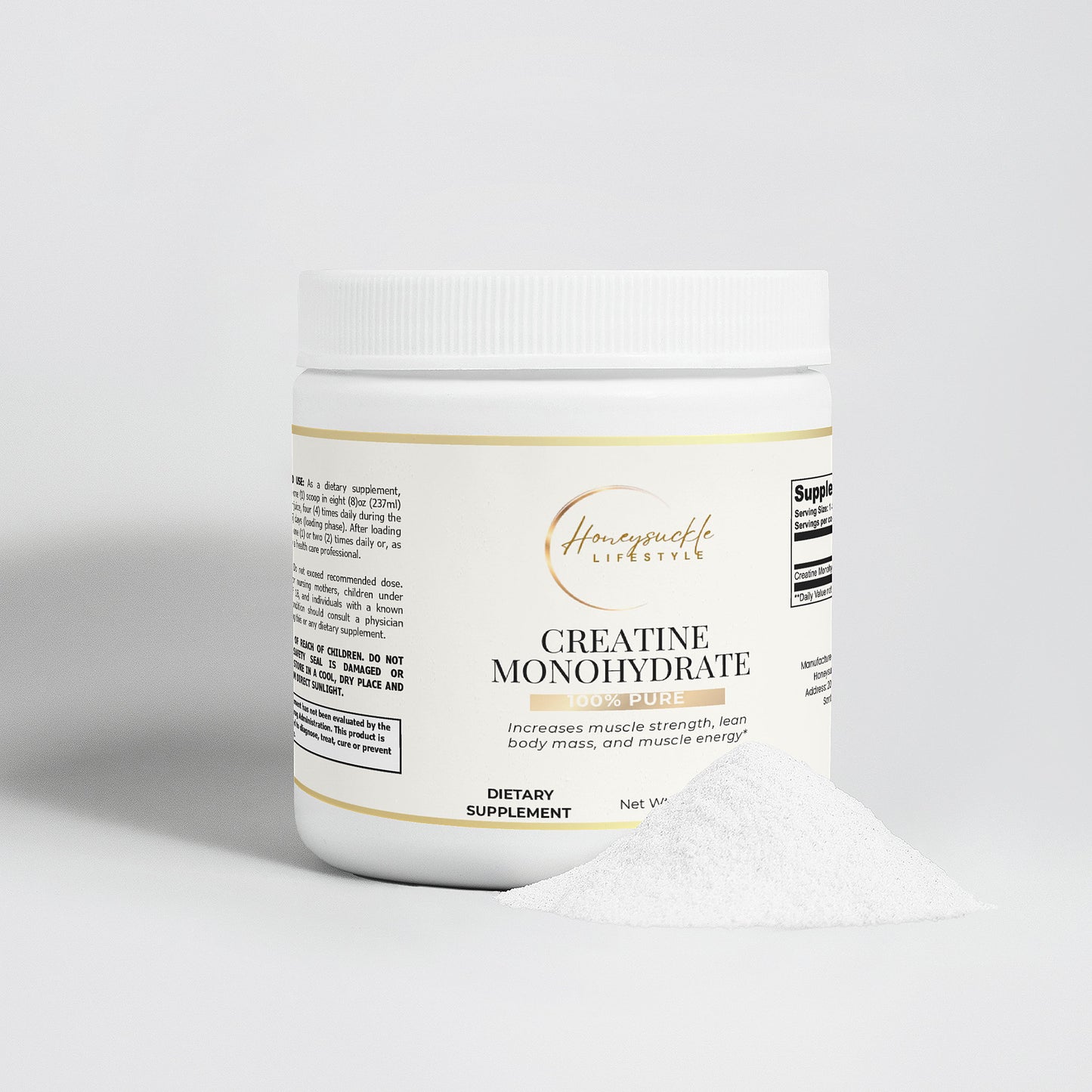 Supplement container labeled 'Creatine Monohydrate' on a light gray background