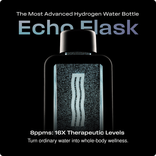 Echo Flask hydrogen water bottle with text on a black background
