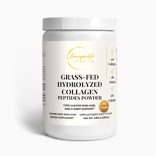 A white plastic tub of HoneySuckle Lifestyle Grass-Fed Hydrolyzed Collagen Peptides Powder, 20g, on a clean white background with a soft shadow.