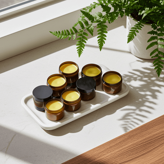 Set of small jars with black lids on a white tray, placed on a light surface with a plant in the background.