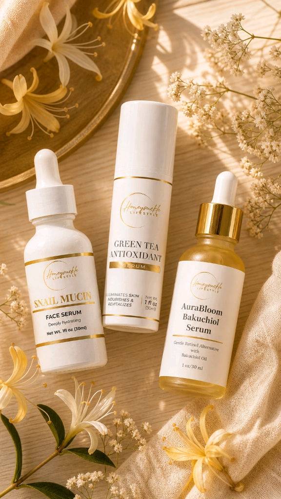 Skincare products with droppers on a wooden surface surrounded by flowers