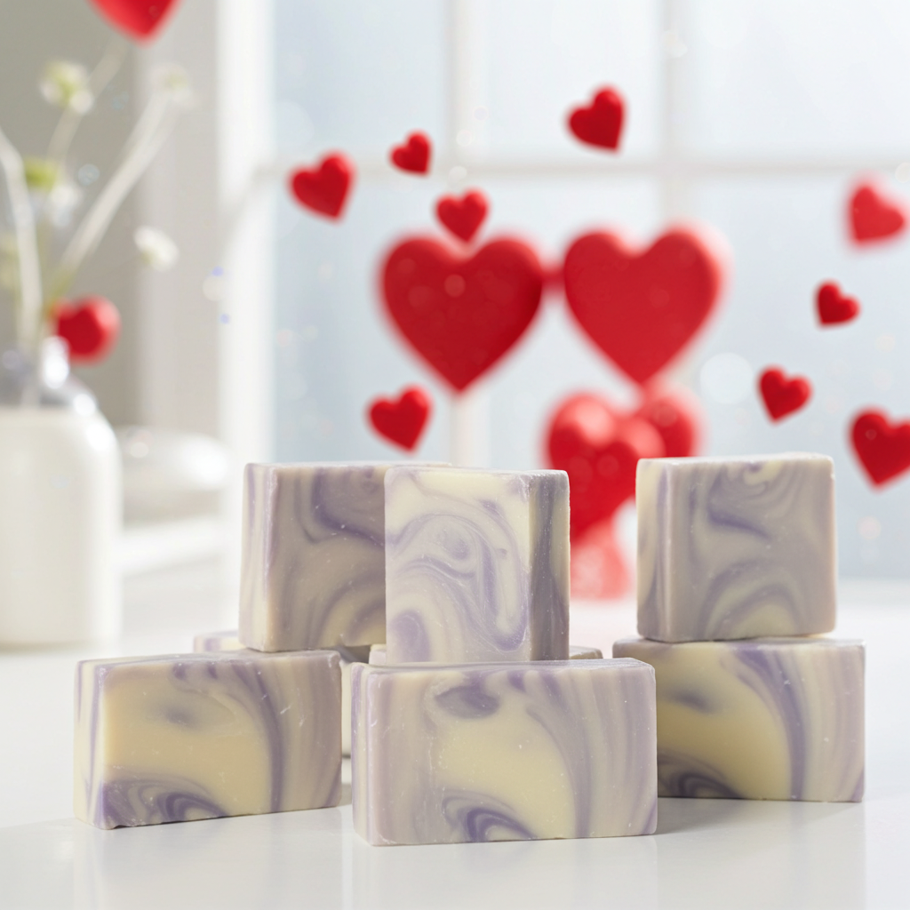 Marbled soap bars on a white surface with heart-shaped decorations in the background