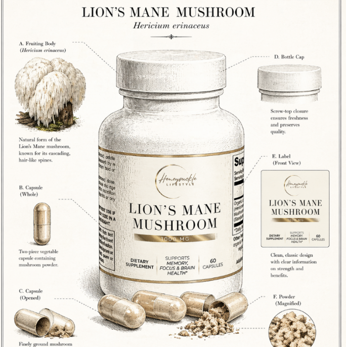 Lion's Mane Mushroom supplement bottle with capsules and powder on a labeled diagram background.