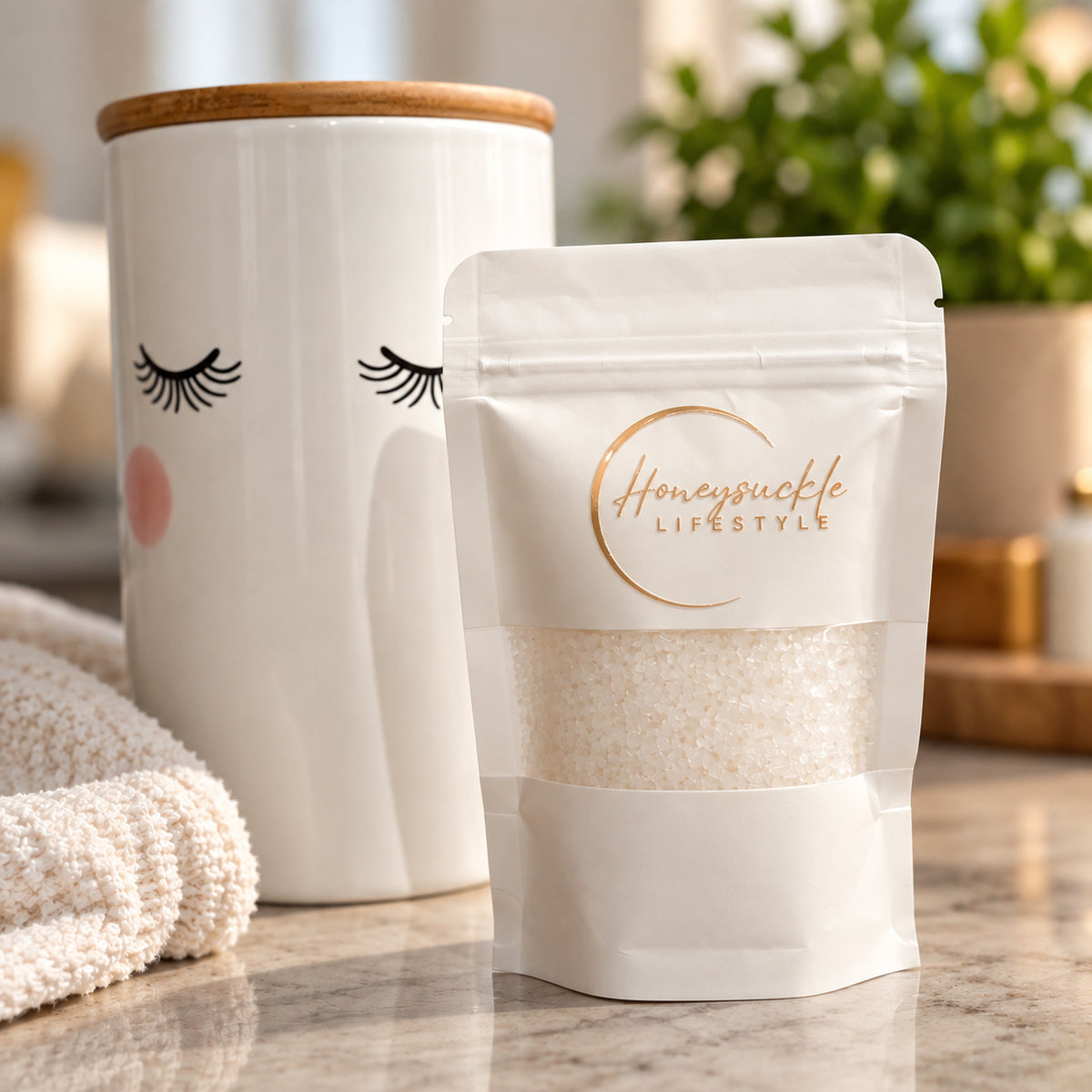 Luxury sea salt bath soak in a glass jar, featuring natural bath salts from HoneySuckle Lifestyle for relaxing bath experiences.