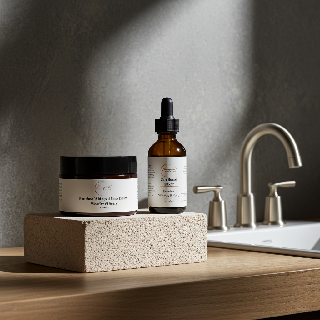 Skincare products on a stone block with a sink and faucet in the background