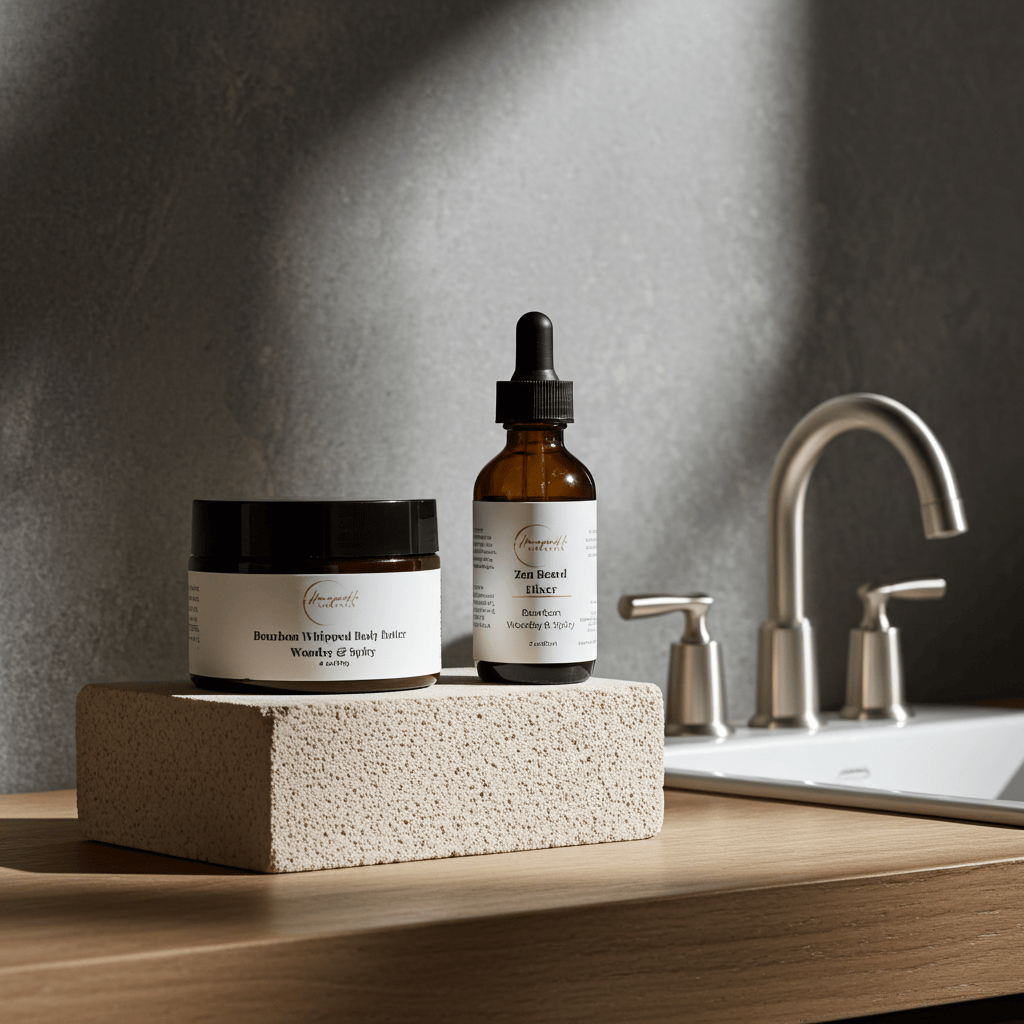 Skincare products on a stone block with a sink and faucet in the background