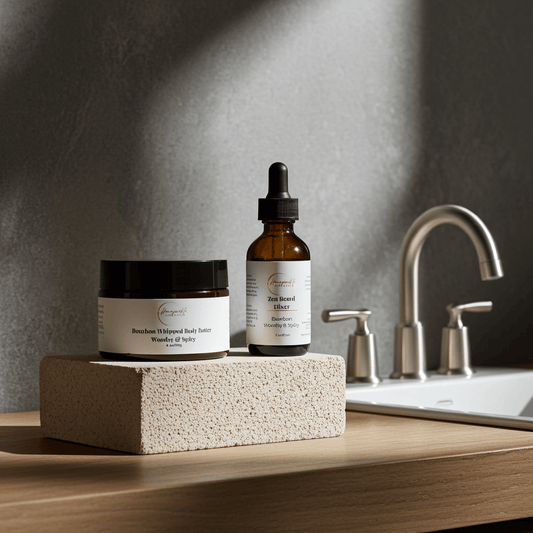 Skincare products on a stone block with a sink and faucet in the background