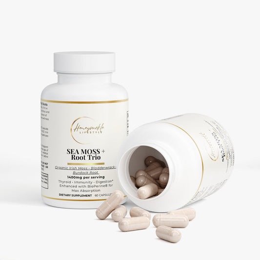 Supplement bottle labeled 'Sea Moss + Root Trio' with open lid showing capsules on a white background.