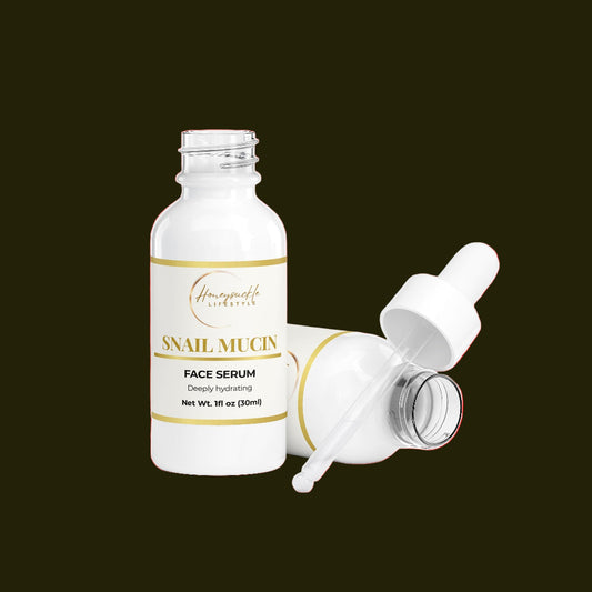 Snail mucin face serum bottle with dropper on a red background