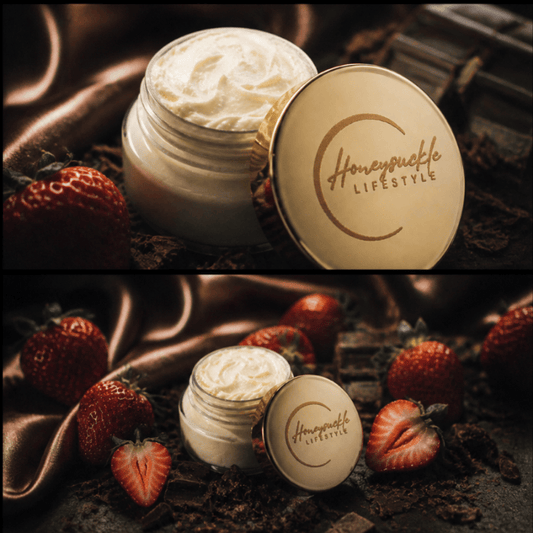 Sweet Seduction Body Butter with strawberries and chocolates engulfing it