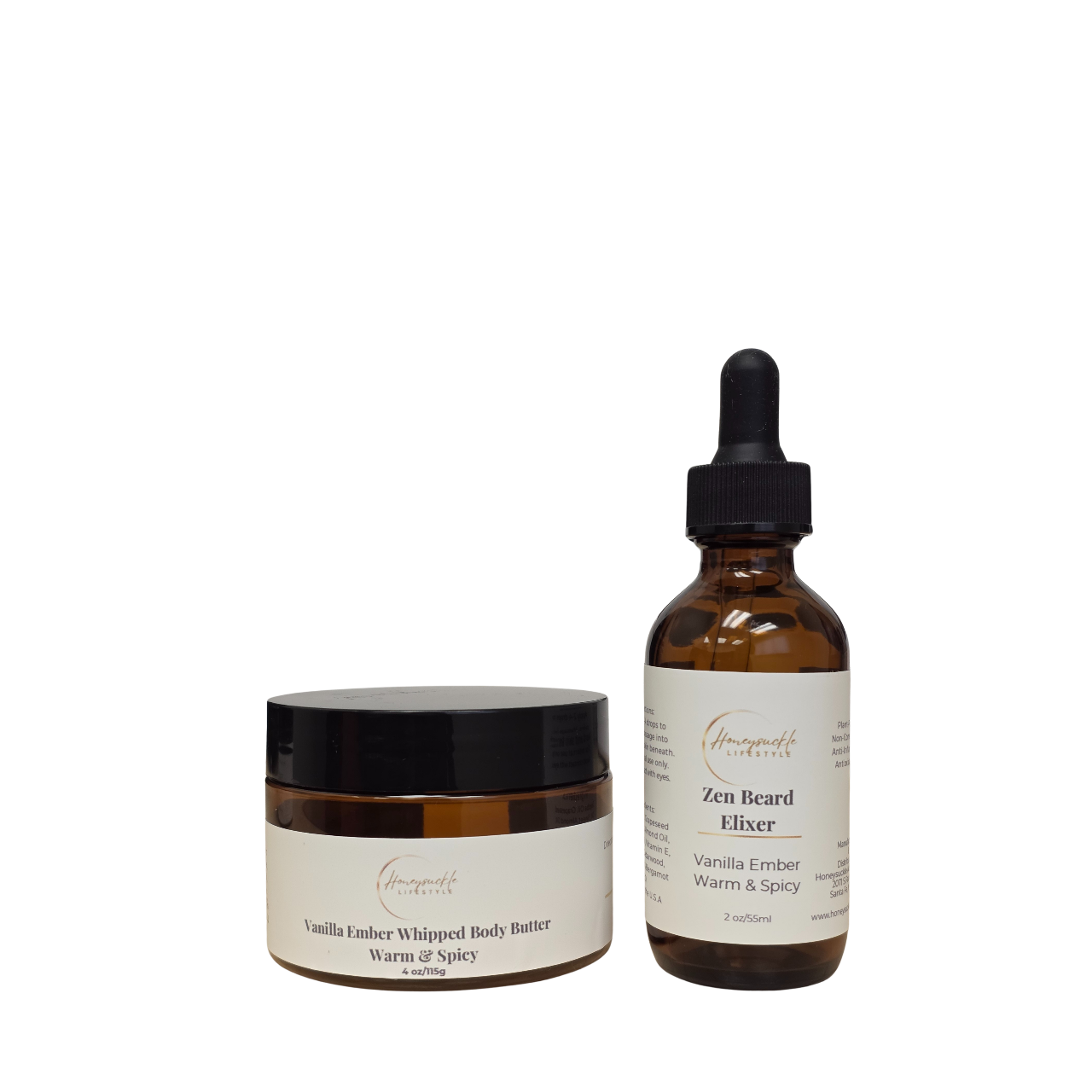 Two skincare products on a white background: a jar of 'Vanilla Ember Whipped Body Butter' and a glass bottle labeled 'Zen Beard Elixer'.