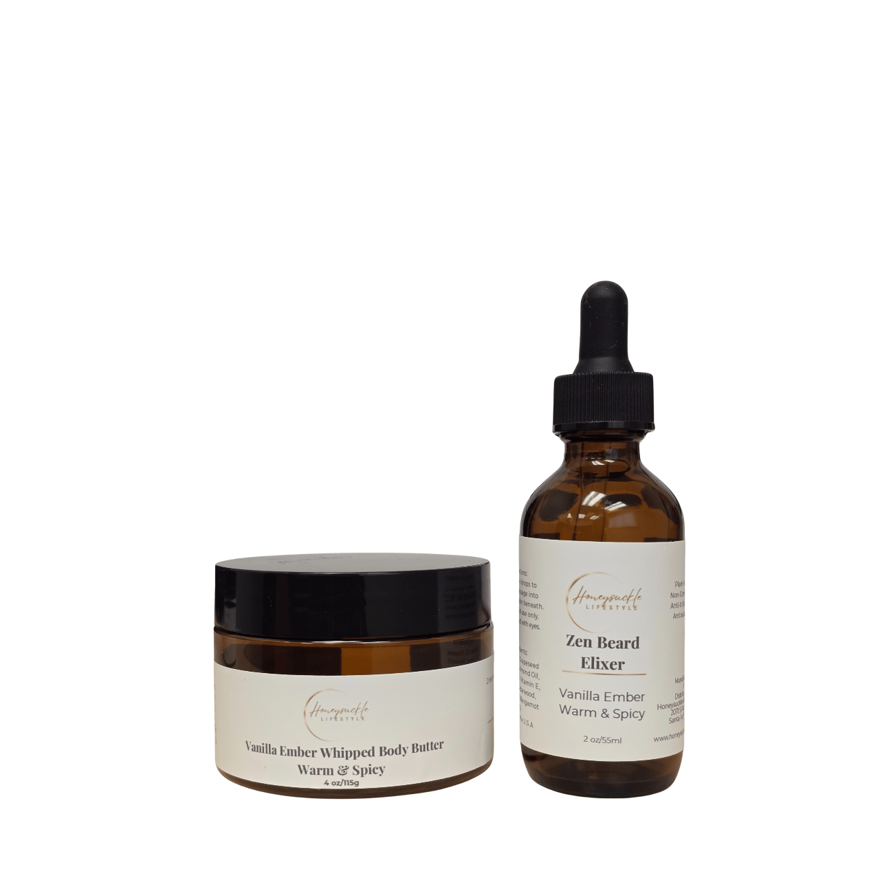 Two skincare products on a white background: a jar of 'Vanilla Ember Whipped Body Butter' and a glass bottle labeled 'Zen Beard Elixer'.
