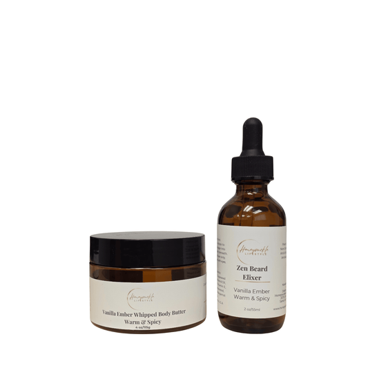 Two skincare products on a white background: a jar of 'Vanilla Ember Whipped Body Butter' and a glass bottle labeled 'Zen Beard Elixer'.