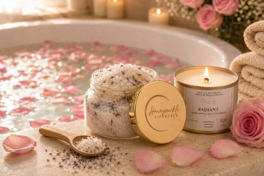 Honeysuckle Lifestyle Velvet Lavender Escape bath salts and relaxation candle with rose petals.