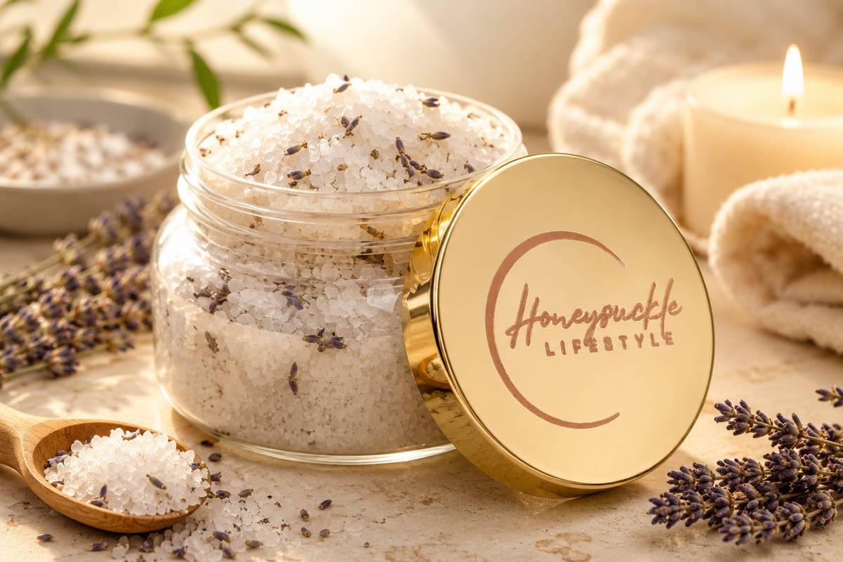 Velvet Lavender Escape Bath Salts by Honeysuckle Lifestyle in a glass jar with a gold lid, displayed on a wooden table with a wood scoop and fresh lavender flowers for relaxation.