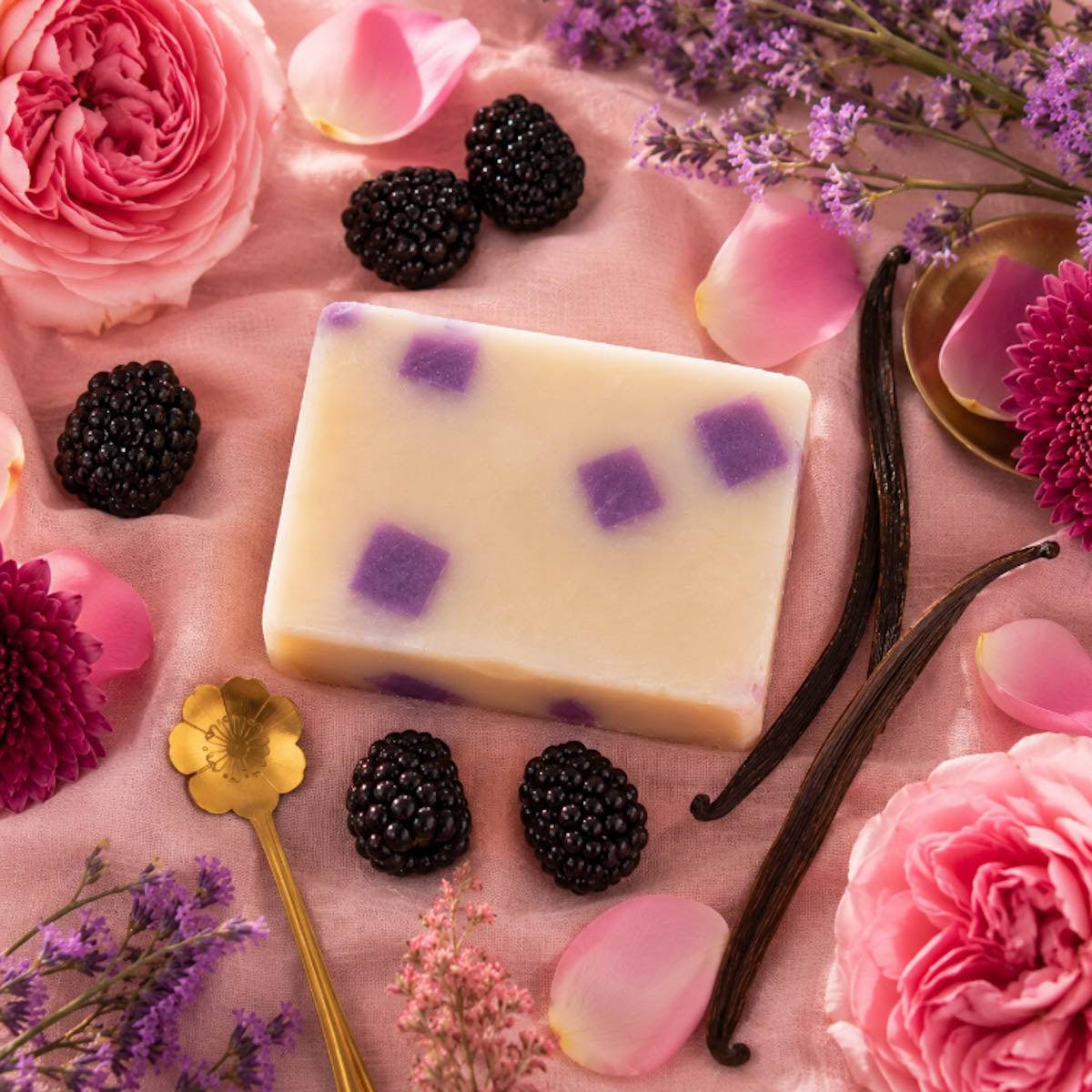 Bar of berry bliss HoneySuckle Lifestyle soap with purple specks surrounded by blackberries, roses, and vanilla beans on a pink surface.