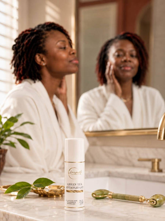 Woman applying honeysuckle lifestyle skincare product in front of a mirror with a bottle of skincare serum on the counter.