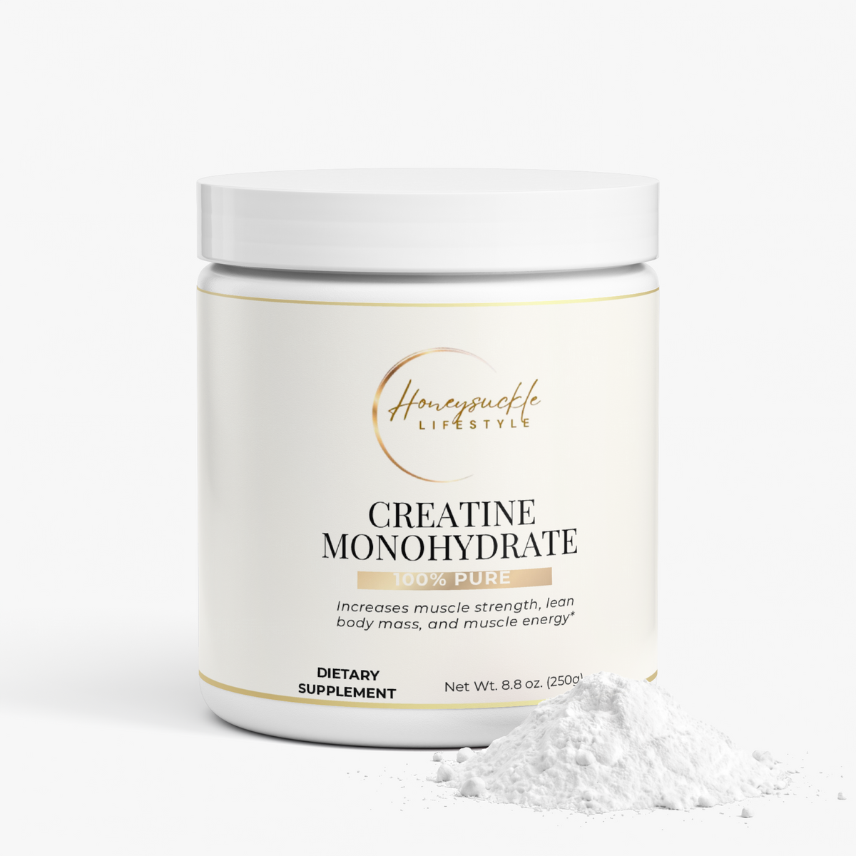 Container of HoneySuckle Lifestyle Creatine Monohydrate muscle building supplement with label visible in the image.