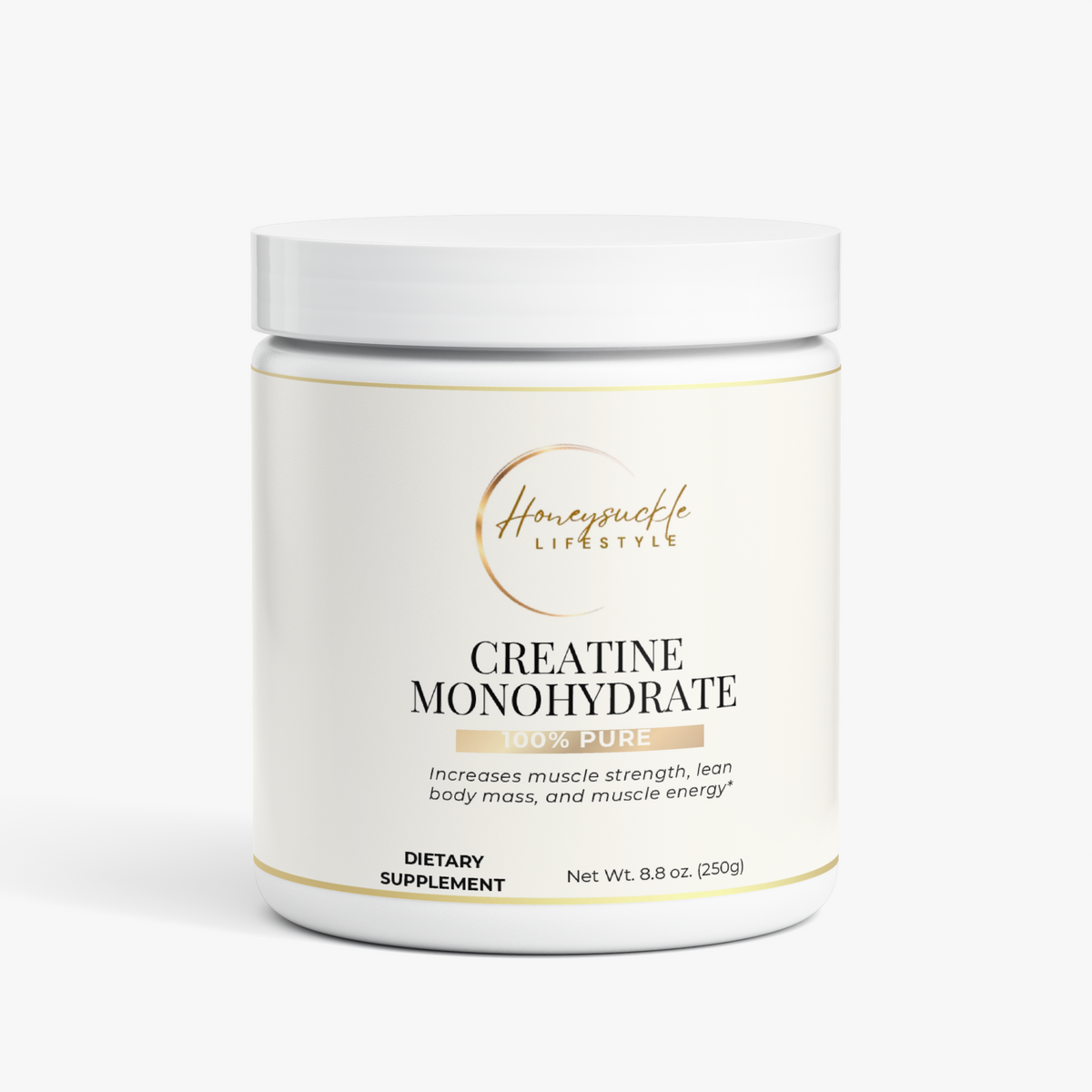 Creatine Monohydrate muscle builder supplement by HoneySuckle Lifestyle, showing the product label and packaging.