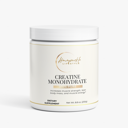 Creatine Monohydrate muscle builder supplement by HoneySuckle Lifestyle, showing the product label and packaging.