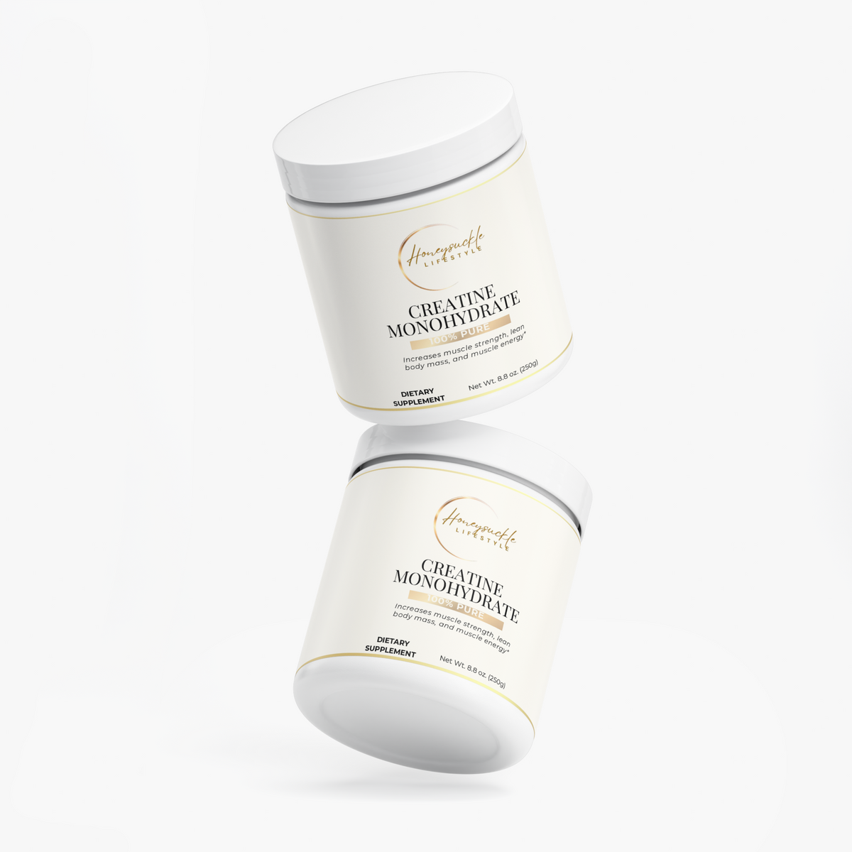 Container of HoneySuckle Lifestyle Creatine Monohydrate powder for muscle building, with label showing product details.