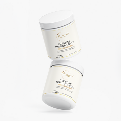 Container of HoneySuckle Lifestyle Creatine Monohydrate powder for muscle building, with label showing product details.