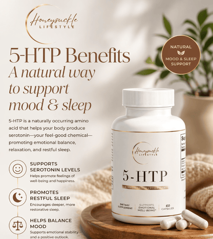 5-HTP supplement bottle with benefits text on a neutral background
