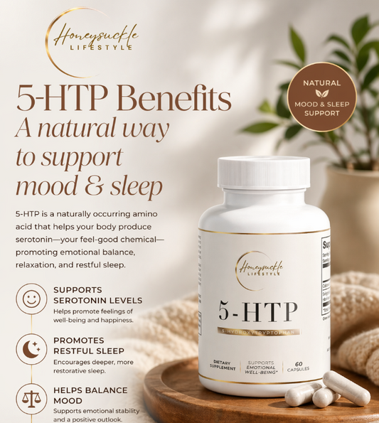 5-HTP supplement bottle with benefits text on a neutral background