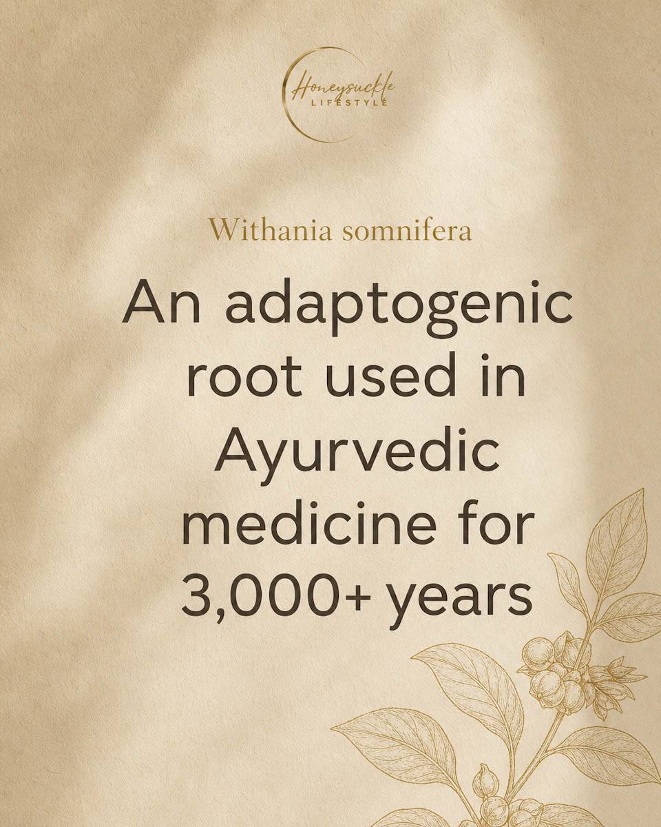 Text about Withania somnifera, an adaptogenic root used in Ayurvedic medicine, on a beige background with a plant illustration.