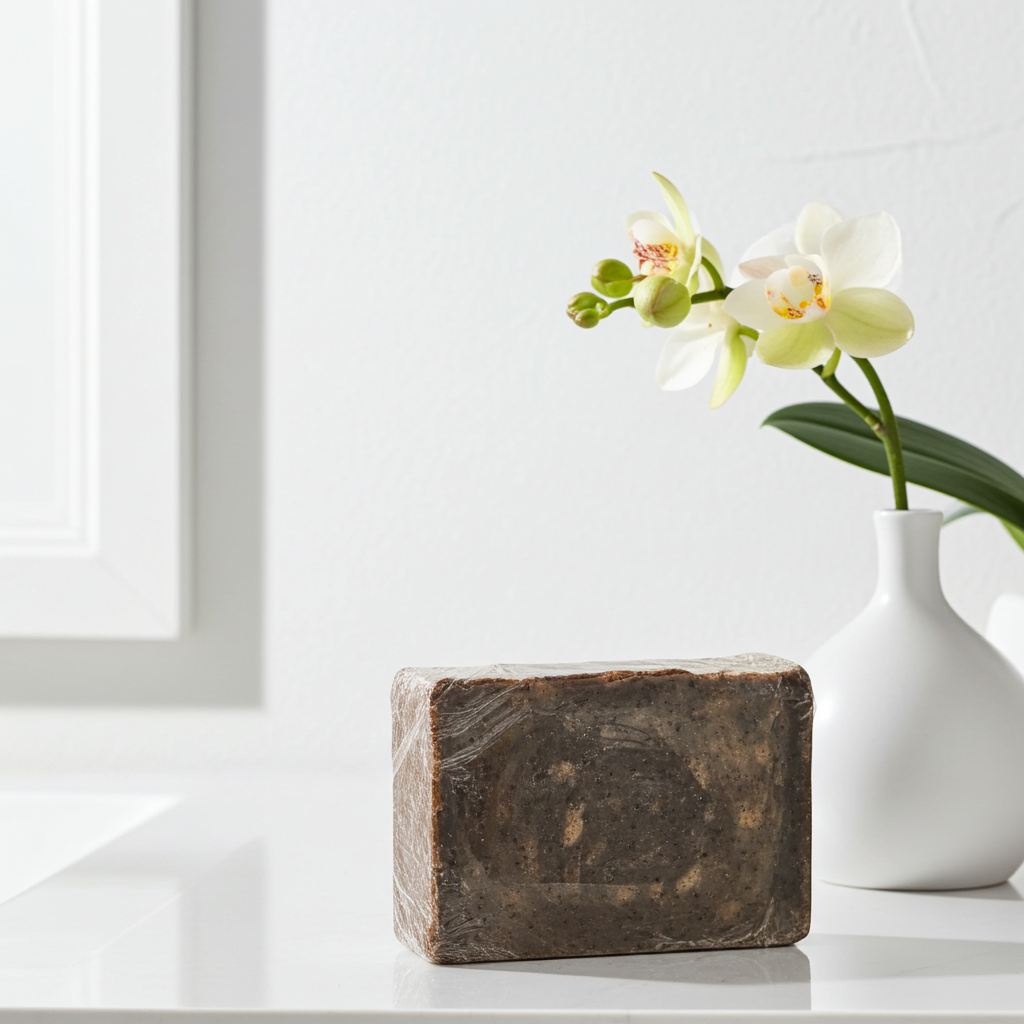 Bar of soap on a white surface with a white vase containing a flower in the background