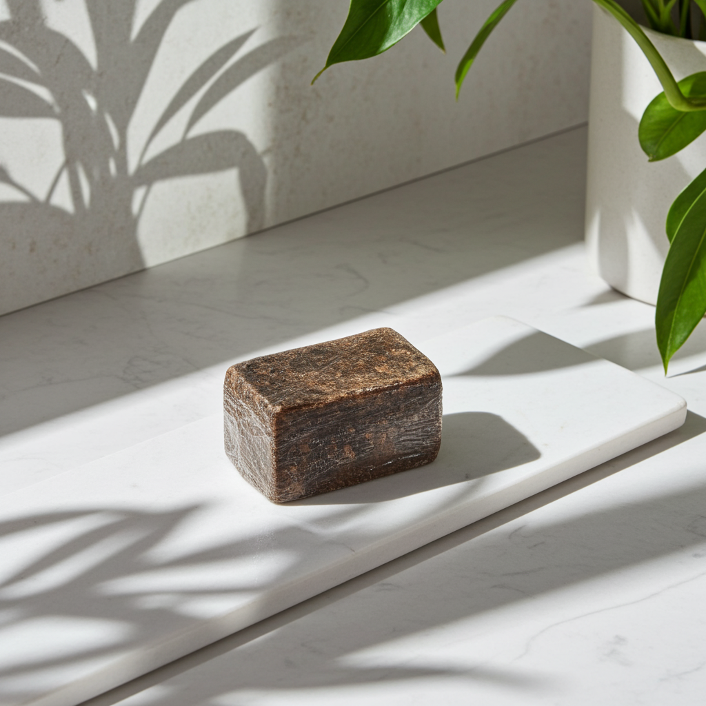 Bar of soap on a marble surface with plant shadows
