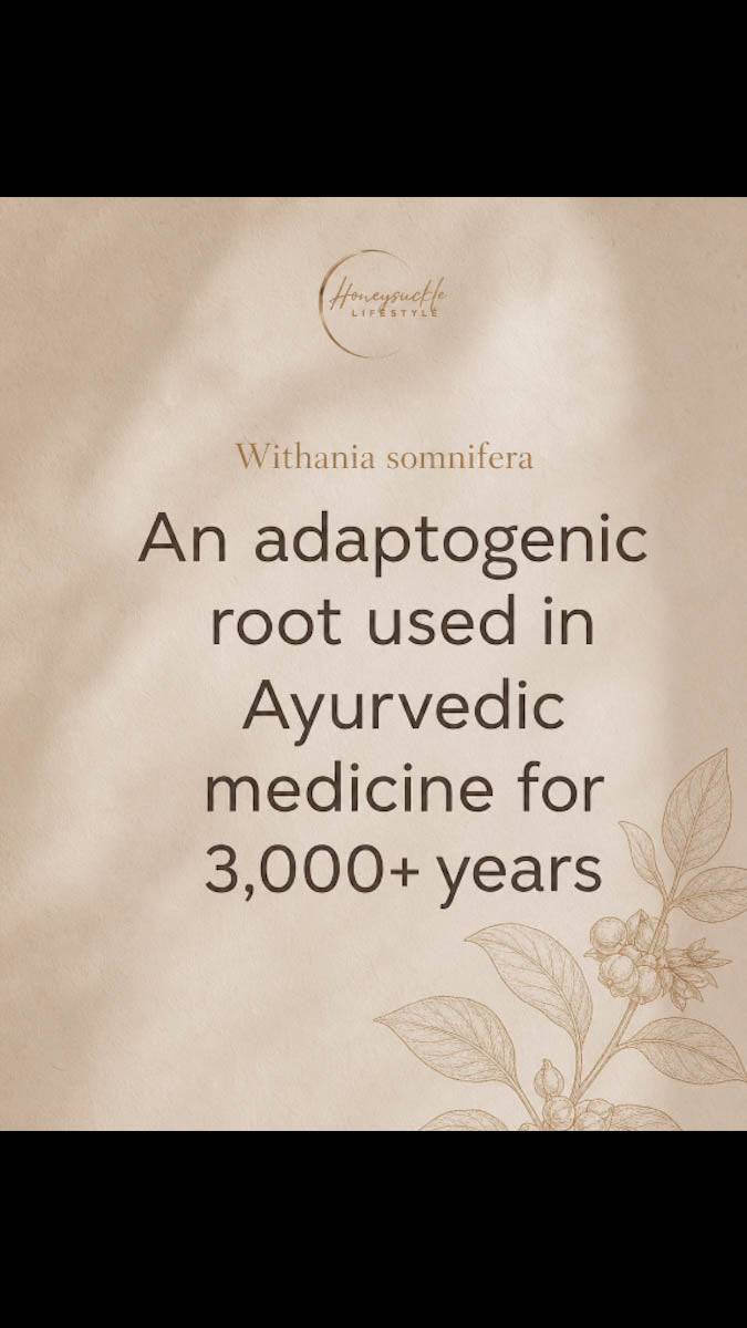 Text about Withania somnifera, an adaptogenic root used in Ayurvedic medicine, on a beige background with a subtle floral design.