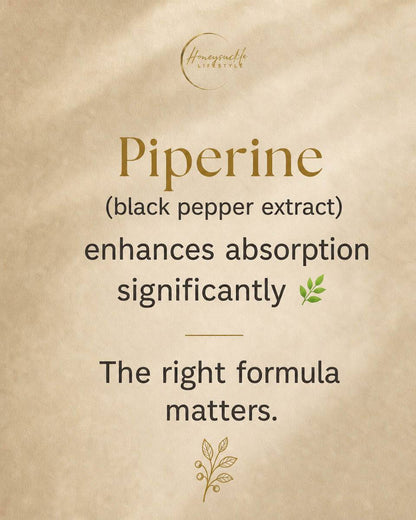 piperine black pepper extract enhances absorption significantly on a beige background with honeysuckle lifestyle brand logo 