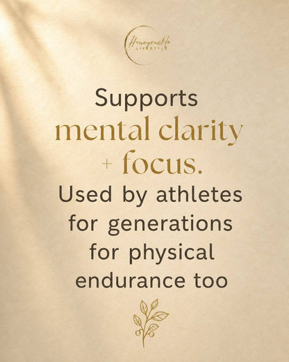Text on a beige background about mental clarity, focus, and physical endurance with HoneySuckle Lifestyle brand logo.