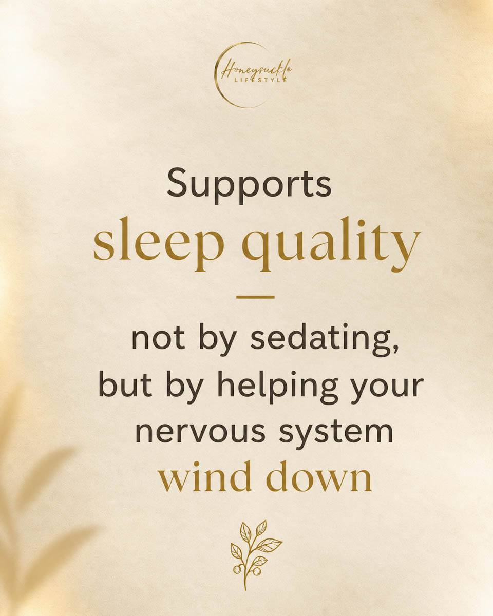 Text on a beige background about sleep quality support, with Honeysuckle lifestyle brand logo at the top.