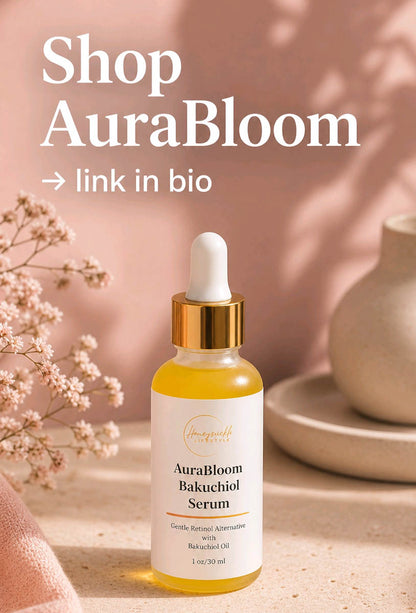 AuraBloom Bakuchiol Serum bottle with a dropper on a wooden surface with flowers and a vase in the background.