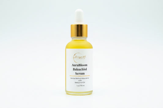 AuraBloom Bakuchiol Serum bottle with dropper on a light gray background