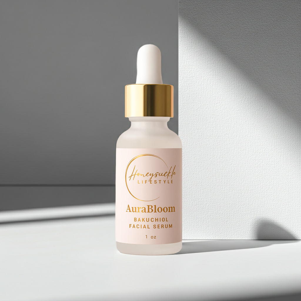 Facial serum bottle with dropper labeled 'Honeysuckle Lifestyle AuraBloom' on a gray background