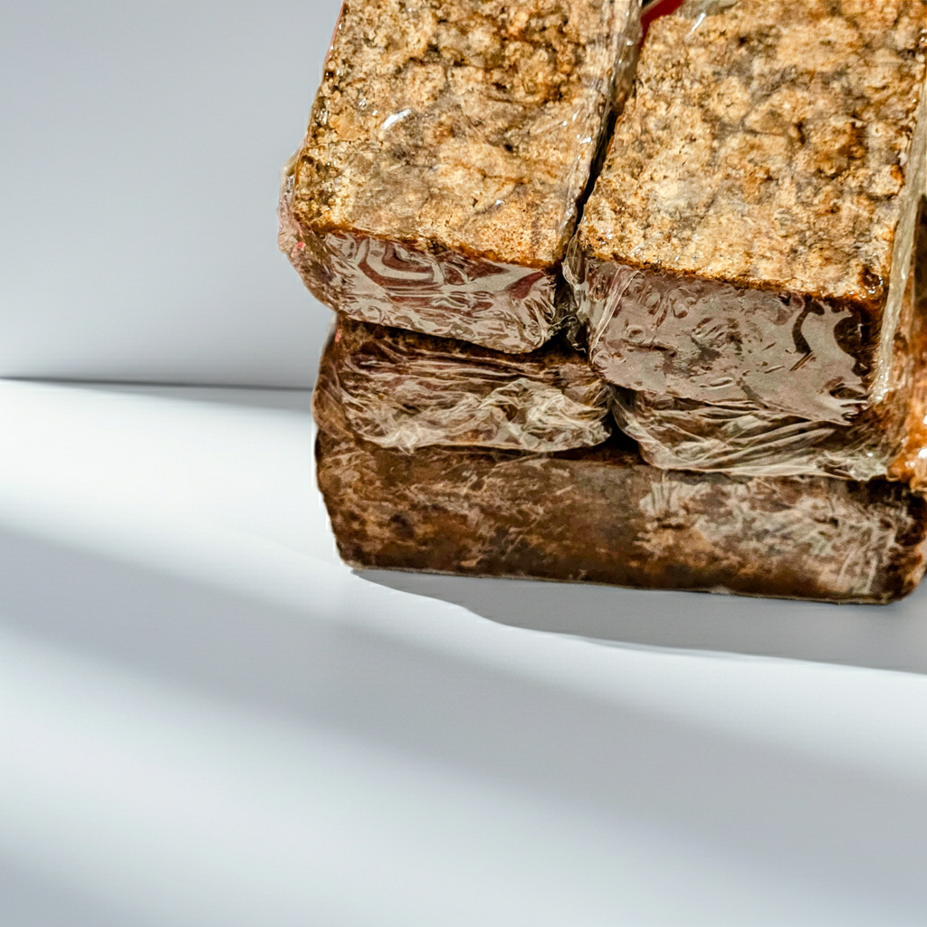 Close-up of stacked soap bars with a white background