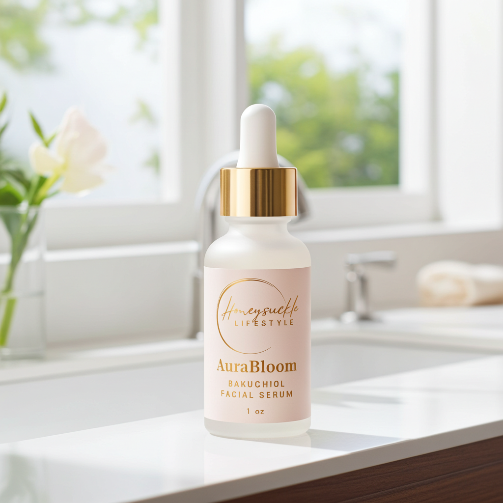 AuraBloom facial serum bottle on a bathroom counter with a window in the background