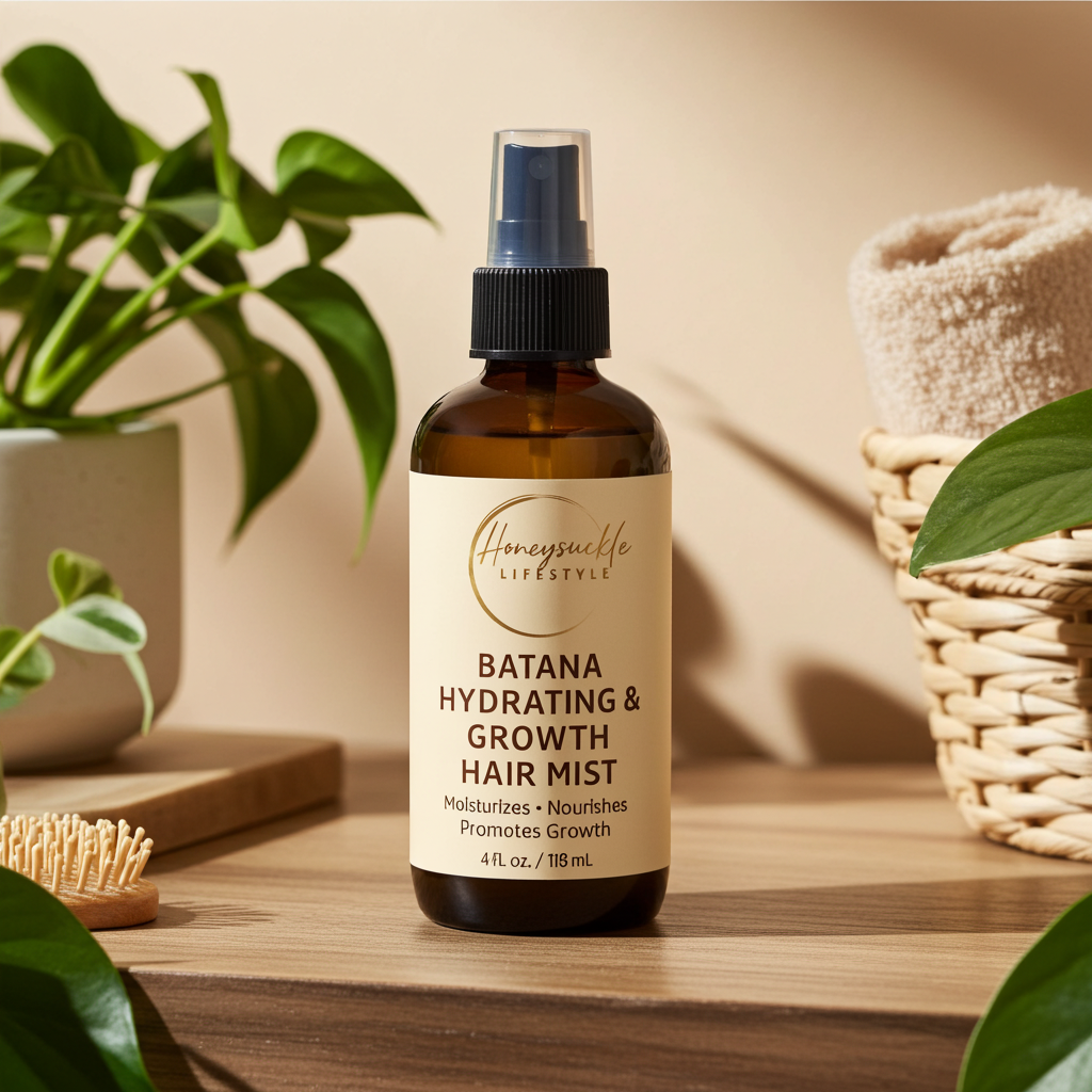 Batana hydrating and growth hair mist bottle on a wooden surface with plants in the background