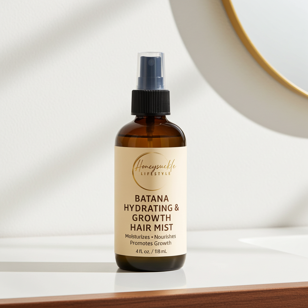 Brown spray bottle with a label on a white surface