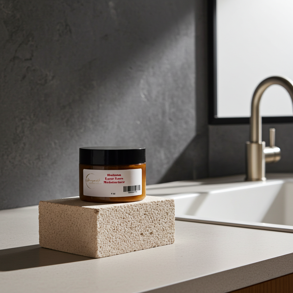 Jar of hair moisturizer on a sponge with a sink and faucet in the background