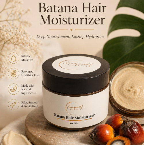 Batana Hair Moisturizer jar with natural ingredients on a wooden surface
